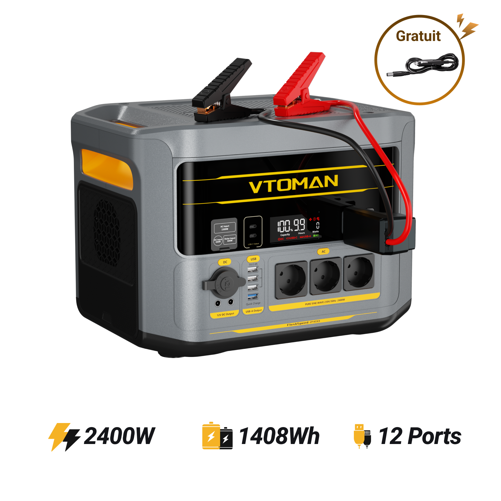 Station électrique portable VTOMAN FlashSpeed 2400 avec câbles de démarrage