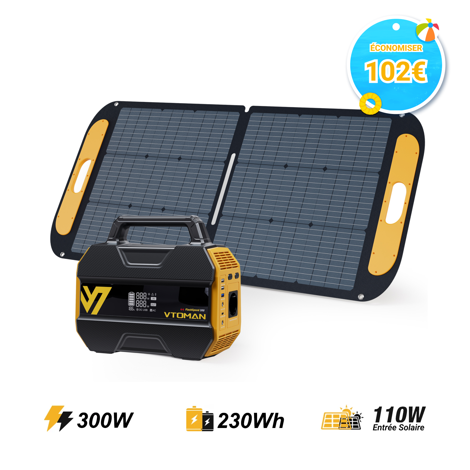 Station électrique portable VTOMAN FlashSpeed 300 avec panneau solaire 110 W